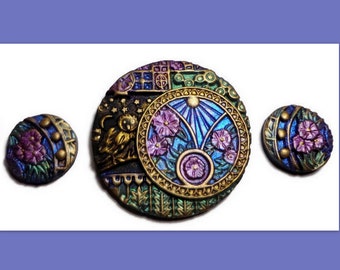 Owl & Moon Cabochon Set Handmade Necklace Pendant 40mm Polymer Clay Artisan Jewelry Component