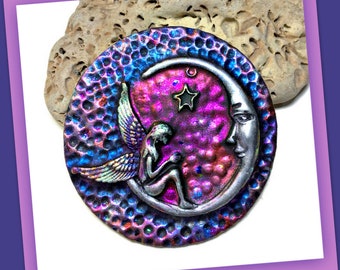 Fairy Moon Fantasy Polymer Clay Medallion Pendant Bead Embroidery Faux Raku