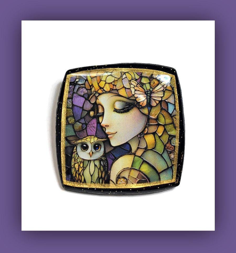 Butterfly Owl Goddess Bead Embroidery Puffy Square Peaceful Pendant Polymer Clay