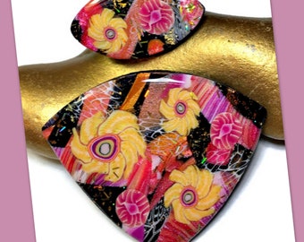 Yellow Flowers Asian Fan Polymer Clay Pendant Jewelry Making Bead Embroidery Components