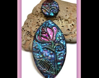 Rose Faux Raku Polymer Clay Pendant Jewelry Making Cab Bead Embroidery