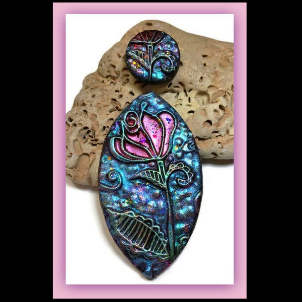 Rose Faux Raku Polymer Clay Pendant Jewelry Making Cab Bead Embroidery