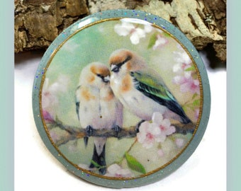 Two Birds Cabochon Polymer Clay Round Bird Pendant Bead Embroidery Components