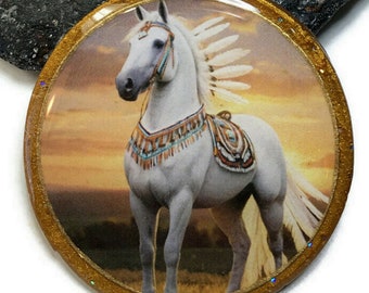 Polymer Clay White Indian Horse Pendant Bead Embroidery Components 45mm Round