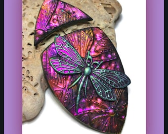 Dragonfly Faux Raku Marquise Polymer Clay Pendant Set Bead Embroidery Cabochons