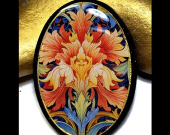 Floral William Morris Oval Polymer Clay Pendant Bead Embroidery 40mm x 30mm Ready to Ship