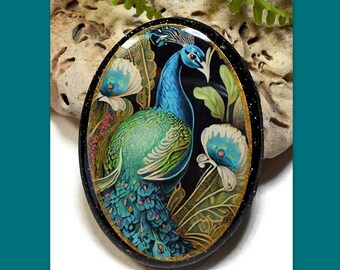 Art Nouveau Peacock Oval Necklace Polymer Clay Pendant Bird Bead Embroidery Ready to Ship