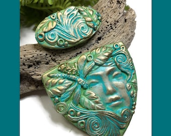 Dragonfly Goddess Polymer Clay Shield Pendant set Beading Cab Embroidery Components