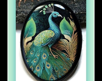 Turquoise Peacock Oval Necklace Polymer Clay Pendant Bird Bead Embroidery 40mm x 30mm