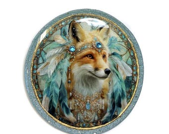 Indian Fox Polymer Clay Round Pendant Bead Embroidery Cab