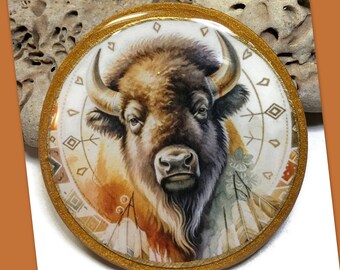 Southwestern Buffalo Polymer Clay Round Spirit Animal Pendant Bead Embroidery