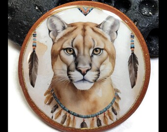 Mountain Lion Cabochon Polymer Clay Round Bohemian Bead Embroidery Necklace Pendant