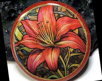 Tiger Lily Flower Cabochon Polymer Clay Round 45mm Necklace Pendant Bead Embroidery