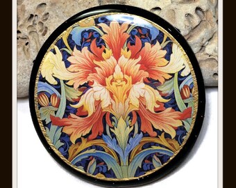 Orange Flowers William Morris Polymer Clay & Resin Bead Embroidery Pendant Cabochon