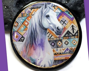 White Indian Horse Pendant Bead Embroidery Components 45mm Polymer Clay Round