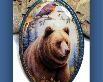 Grizzly Bear Oval Cabochon Polymer Clay Bohemian Bracelet Pendant Bead Embroidery