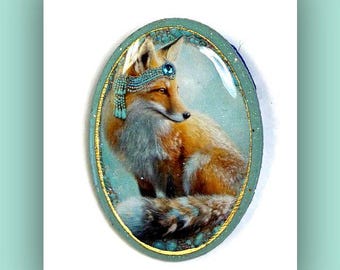 Fox Spirit Animal Oval Necklace Polymer Clay Pendant Bead Embroidery cab