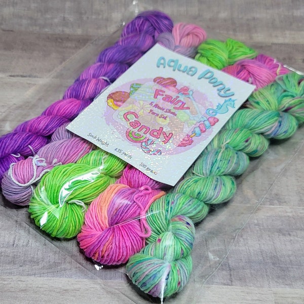 Fairy Candy - 5 Mini Skein Speckles Yarn Set | Hand-dyed | Sock weight | Single Ply | Pink, Green, Purple | 100% Superwash Merino Wool