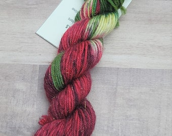 Strawberry | Hand Dyed | Mini Skein Gold Stellina Sparkle Sock | Yarn 80/15/5 Superwash Merino Wool Nylon Gold Stellina