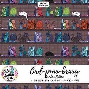 Cozy Bookish Library &quot;Owl-purr-brary&quot; Seamless Pattern 300 DPI PNG Download for Digital Papers Vinyl Fabric Surface Design