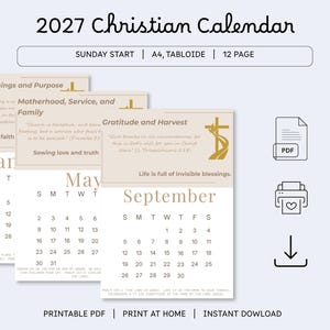 Puede incluir: Un calendario cristiano 2027 en formato PDF imprimible de 12 páginas con inicio en domingo. El diseño incluye las páginas mensuales de enero, mayo y septiembre, mostrando temas como nuevos comienzos, maternidad y gratitud con versículos bíblicos.