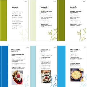 K&ouml;nnte beinhalten: Eine Restaurantkarte mit einem gr&uuml;nen, wei&szlig;en und blauen Farbschema. Die Karte ist in drei Abschnitte unterteilt: Men&uuml; 1, Men&uuml; 2 und Men&uuml; 3. Jeder Abschnitt bietet ein anderes Gericht mit einer Beschreibung und vorgeschlagenen Weinbegleitungen. Die Karte enth&auml;lt auch einen Dessert-Abschnitt mit drei Optionen: Sommer-Shortcake mit Sahne-Scones, Kirsch-Beeren-Apfel-Crumble und AZ-EZ-Zitronenkuchen.