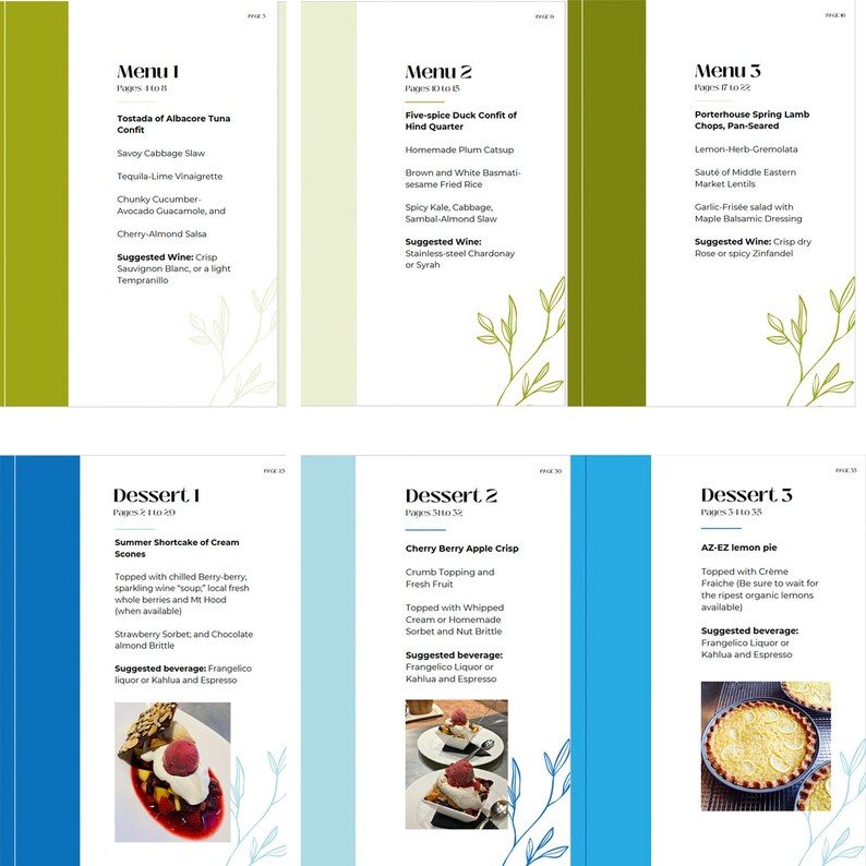 K&ouml;nnte beinhalten: Eine Restaurantkarte mit einem gr&uuml;nen, wei&szlig;en und blauen Farbschema. Die Karte ist in drei Abschnitte unterteilt: Men&uuml; 1, Men&uuml; 2 und Men&uuml; 3. Jeder Abschnitt bietet ein anderes Gericht mit einer Beschreibung und vorgeschlagenen Weinbegleitungen. Die Karte enth&auml;lt auch einen Dessert-Abschnitt mit drei Optionen: Sommer-Shortcake mit Sahne-Scones, Kirsch-Beeren-Apfel-Crumble und AZ-EZ-Zitronenkuchen.