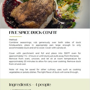 K&ouml;nnte beinhalten: Ein Rezept f&uuml;r F&uuml;nf-Gew&uuml;rze-Entenconfit f&uuml;r 4 Personen. Die Zutaten umfassen Meersalz, gemahlenen Koriander, F&uuml;nf-Gew&uuml;rze-Pulver, Entenkeulen und Raps&ouml;l.