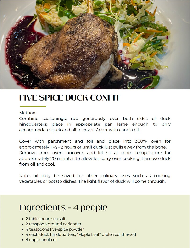K&ouml;nnte beinhalten: Ein Rezept f&uuml;r F&uuml;nf-Gew&uuml;rze-Entenconfit f&uuml;r 4 Personen. Die Zutaten umfassen Meersalz, gemahlenen Koriander, F&uuml;nf-Gew&uuml;rze-Pulver, Entenkeulen und Raps&ouml;l.