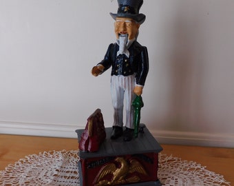 11 Working Reproduction Mechanical Coin Bank Patriotic Gift Vintage Cast Iron UNCLE SAM Bank Door Stop Push Nail Head /& Sam Drops Coin