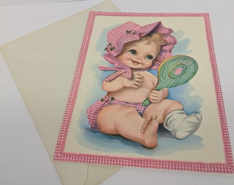 Vintage Large Baby Card With Red Check, Get Well Card, Never Used, Adorable (5317)