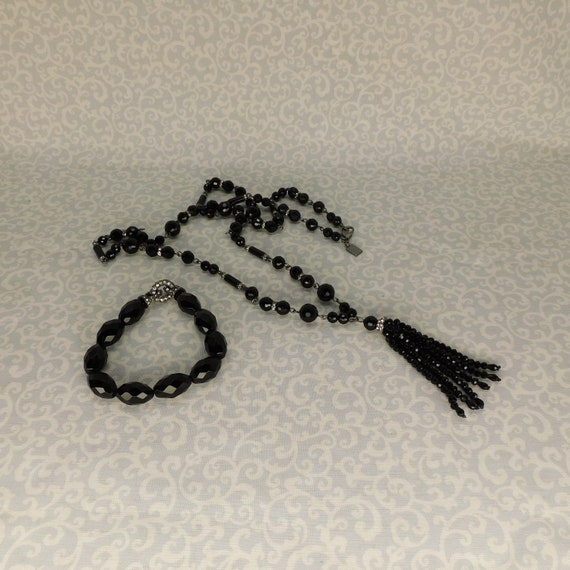 Vintage Black Bead with Rhinestones Necklace and … - image 9