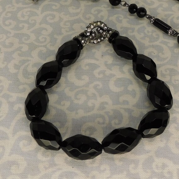 Vintage Black Bead with Rhinestones Necklace and … - image 4
