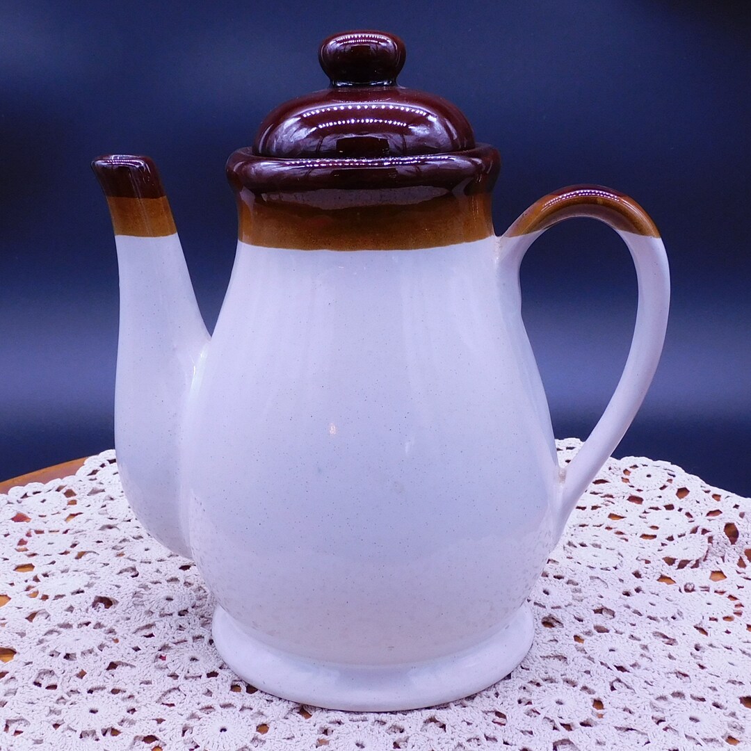 Vintage Cream Colored Stoneware Coffee Pot With 2 Toned Brown Stripe