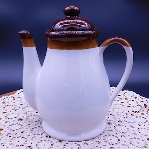 Vintage Cream Colored Stoneware Coffee Pot with 2 Toned Brown Stripe Around the Top with Lid, 1970’s, (7016)