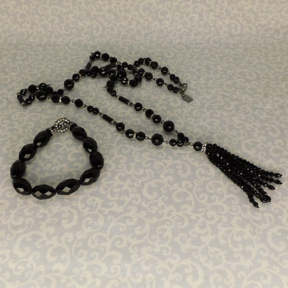 Vintage Black Bead with Rhinestones Necklace and … - image 1