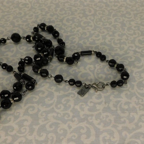 Vintage Black Bead with Rhinestones Necklace and … - image 2