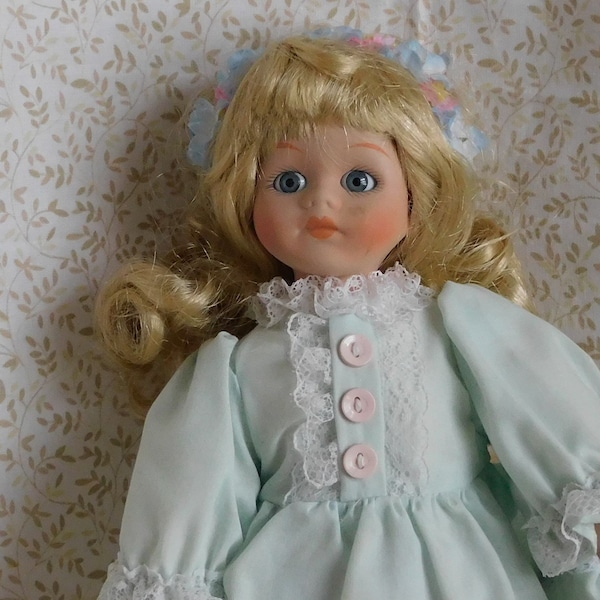 Vintage Brinn's Porcelain Collectible Doll, Original Box, Constance, Blue Dress, Blonde, Made in China (6295)