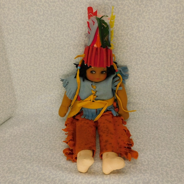 Antique Cloth Masked Doll, No Markings or Tags, Dressed Native American, Georgene Novelties, Arm Damage (V14)