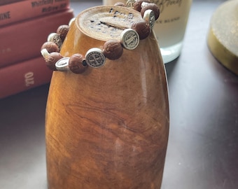St Benedict Medal Wood Bead Bracelet, Carved Blessing Bracelet