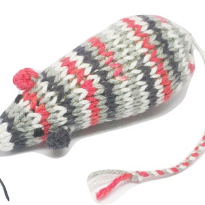 Knit Catnip Mouse Cat Toy with Black, Gray, White, and Red Stripes image 1