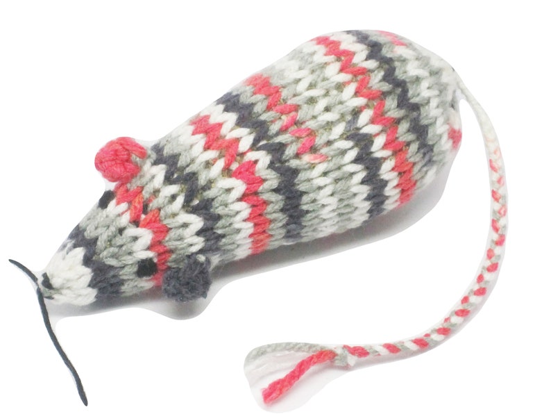 Knit Catnip Mouse Cat Toy with Black, Gray, White, and Red Stripes image 1