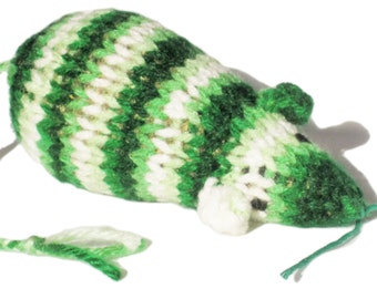 Knit Catnip Mouse Cat Toy in Bright Green and White Acrylic Yarn