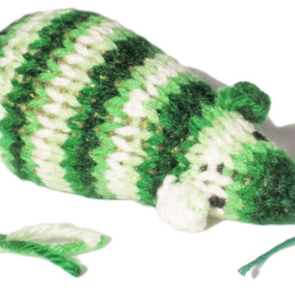 Knit Catnip Mouse Cat Toy in Bright Green and White Acrylic Yarn