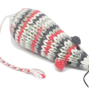 Knit Catnip Mouse Cat Toy with Black, Gray, White, and Red Stripes image 2