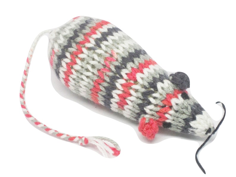 Knit Catnip Mouse Cat Toy with Black, Gray, White, and Red Stripes image 2