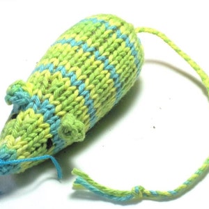 Knit Catnip Mouse Cat Toy in Bright Green and Blue Cotton image 1