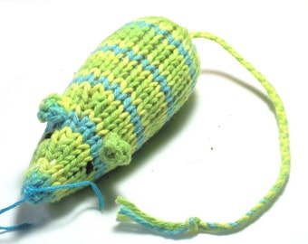 Knit Catnip Mouse Cat Toy in Bright Green and Blue Cotton