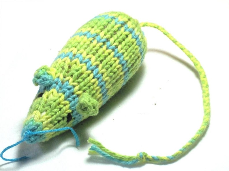 Knit Catnip Mouse Cat Toy in Bright Green and Blue Cotton image 1