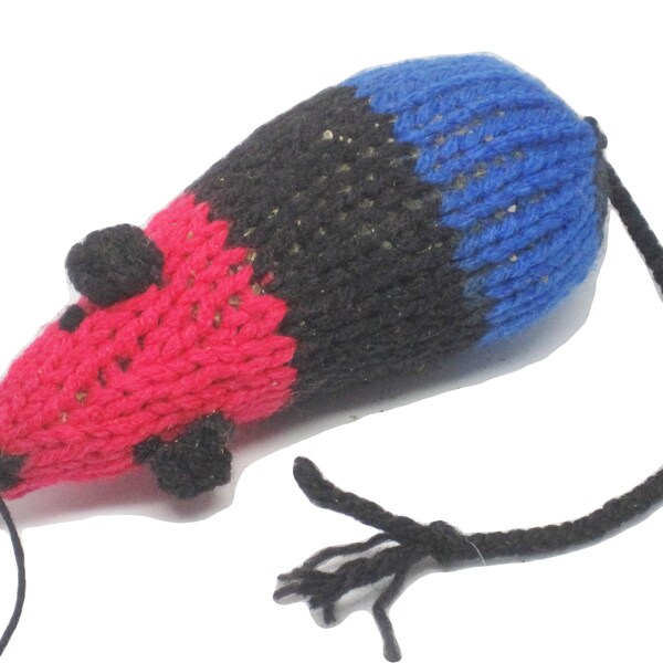 Knit Catnip Mouse Cat Toy is Red and Blue